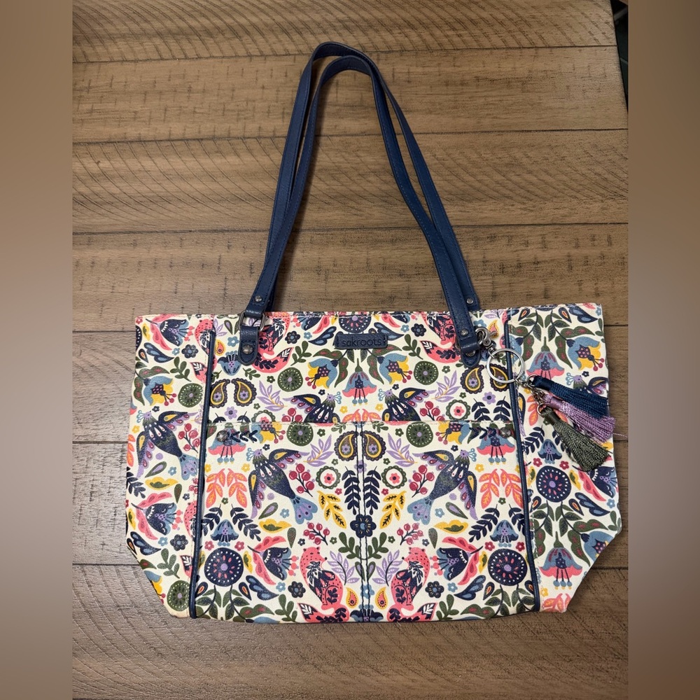 Sakroots Peace Bird Multicolor Floral Folk Tote with Navy Straps, EUC